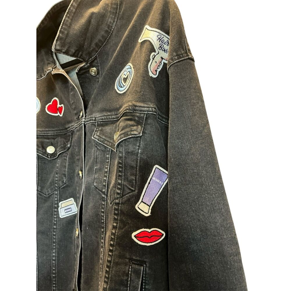 Monat Boss Babe Jacket Womens Large Black Denim Embroidered Patch Graphic Jean - Picture 3 of 6
