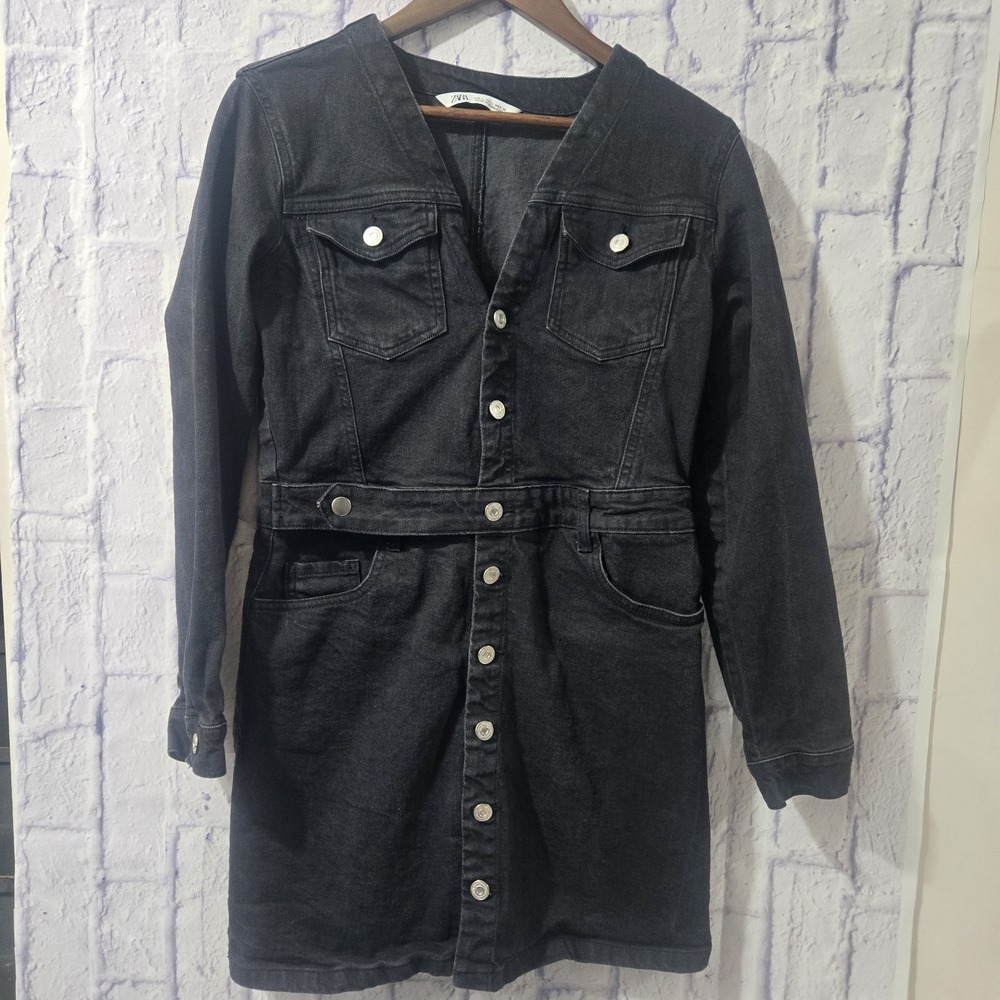 ZARA Black Denim Mini Dress Womens Size LARGE Button Front Long Sleeve