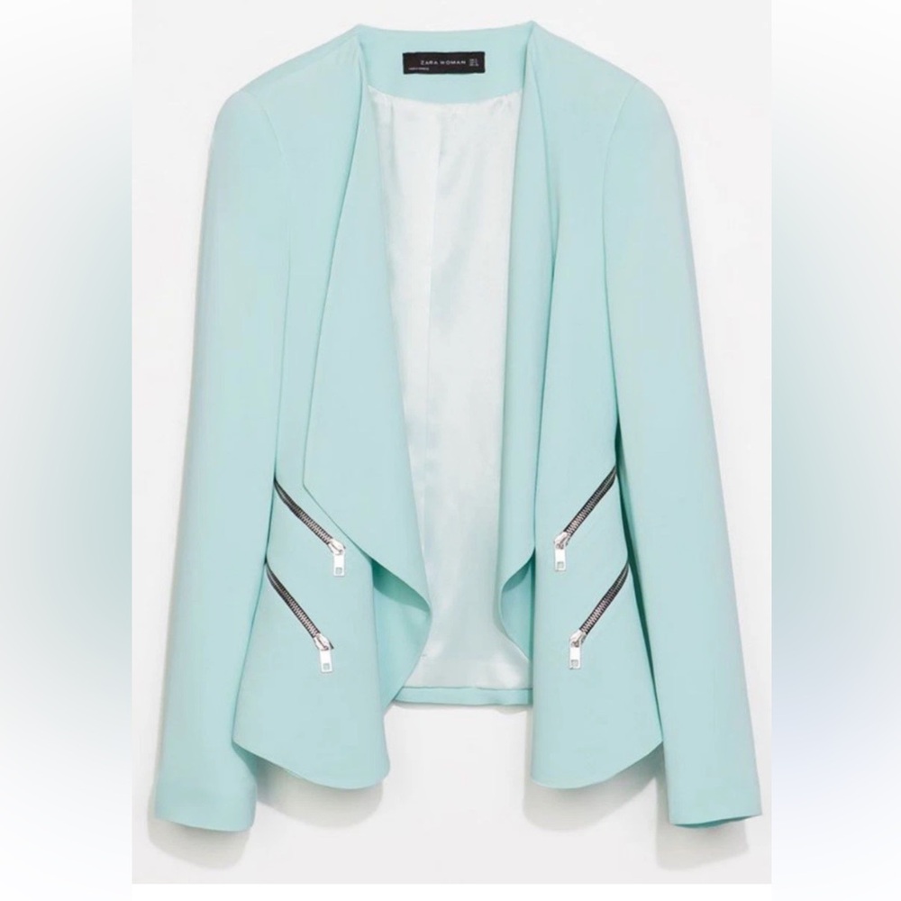Zara Light Mint Open-Front Draped Blazer with Zipper Details