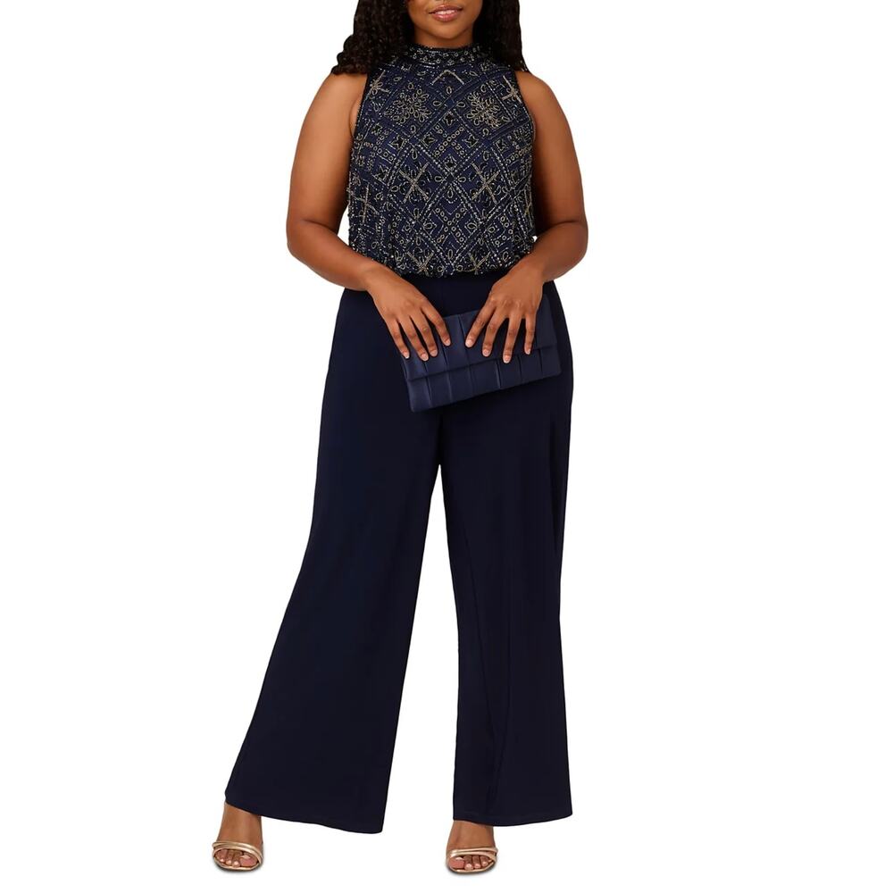 Adrianna Papell Beaded Wide-Leg Formal Sleeveless Halter Jumpsuit Blue Size 18