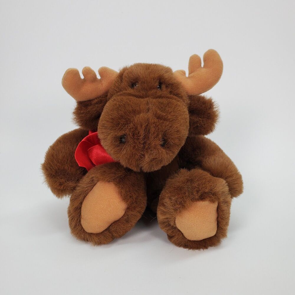 Dakin Plush Moose Brown Stuffed Animal Red Ribbon Holiday 7 inch Vintage Style