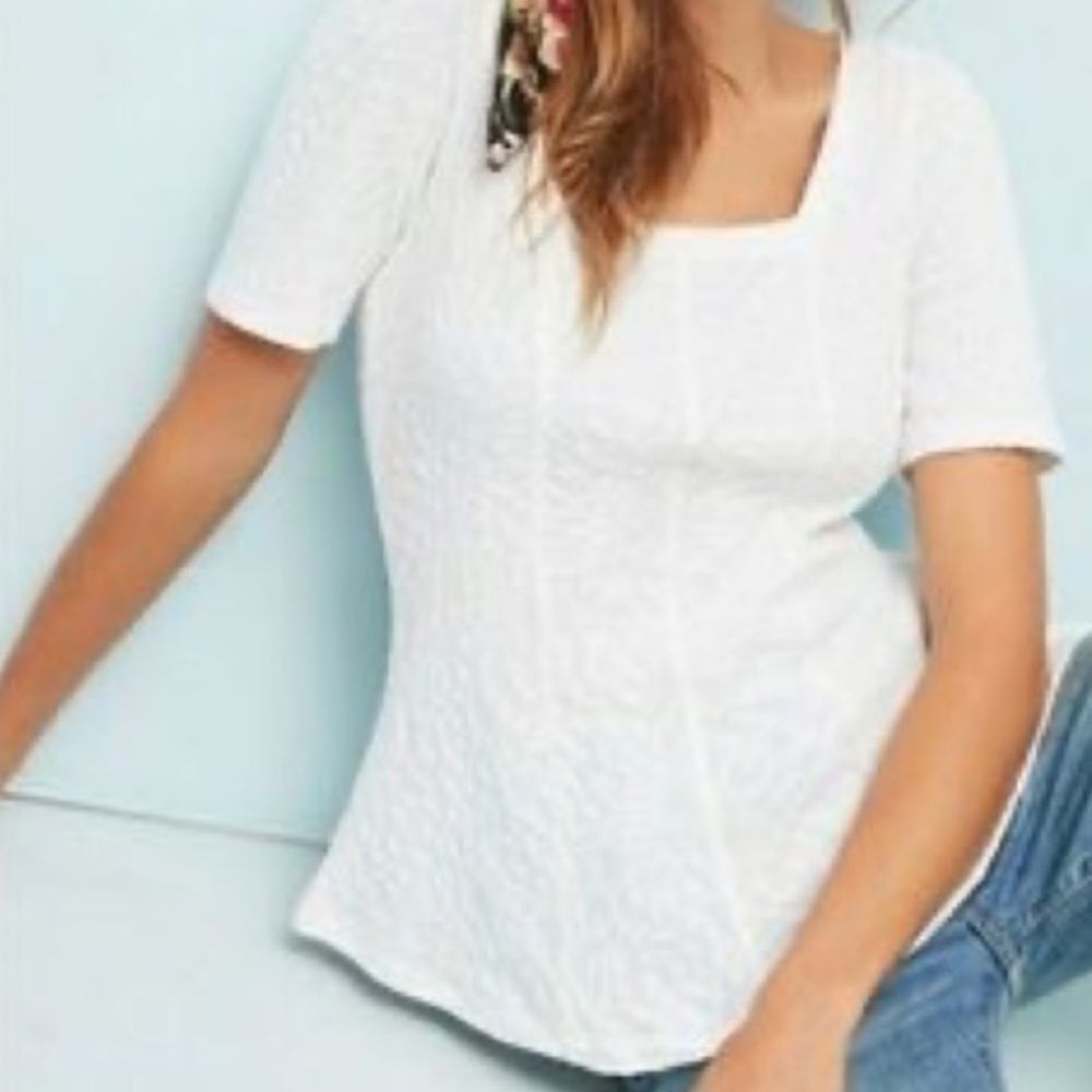 Anthropologie Ett:Twa Wesley Textured Square Neck White Tee in Size S