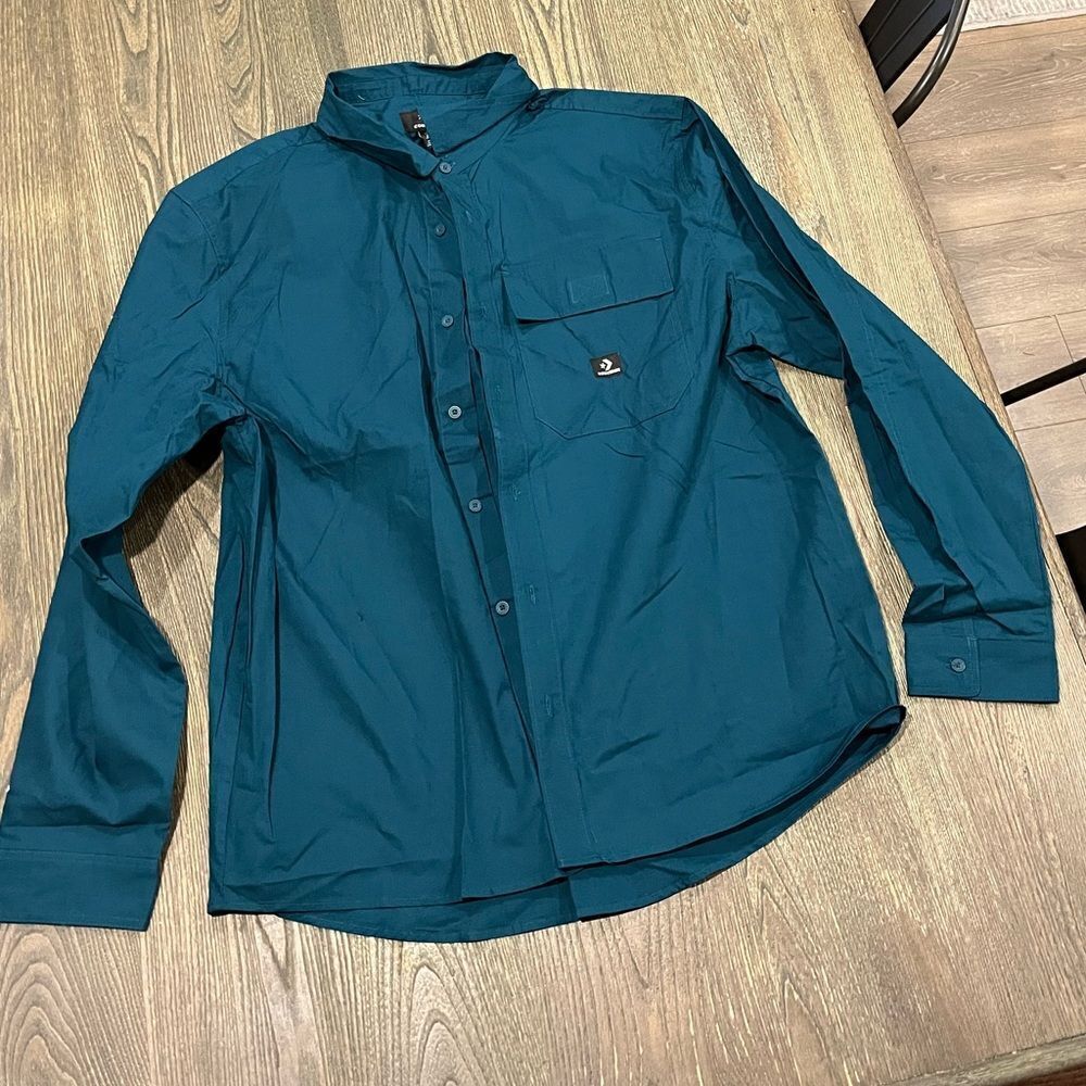 NWOT Converse Woven Long Sleeve Button Down 2 Shirt Collared Cotton Green Large