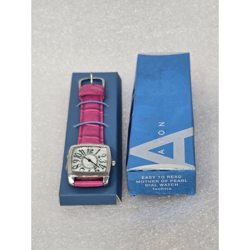 Vintage Avon Easy-To-Read Mother Of Pearl Dial Watch With Fuchsia Band Boxed