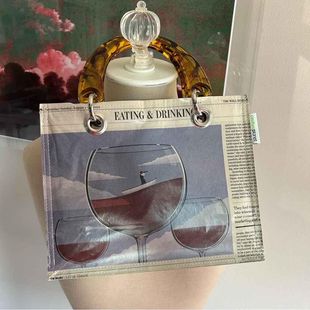 Couture Planet Wine Print Recycled Magazine Tote Bag Acrylic Handle