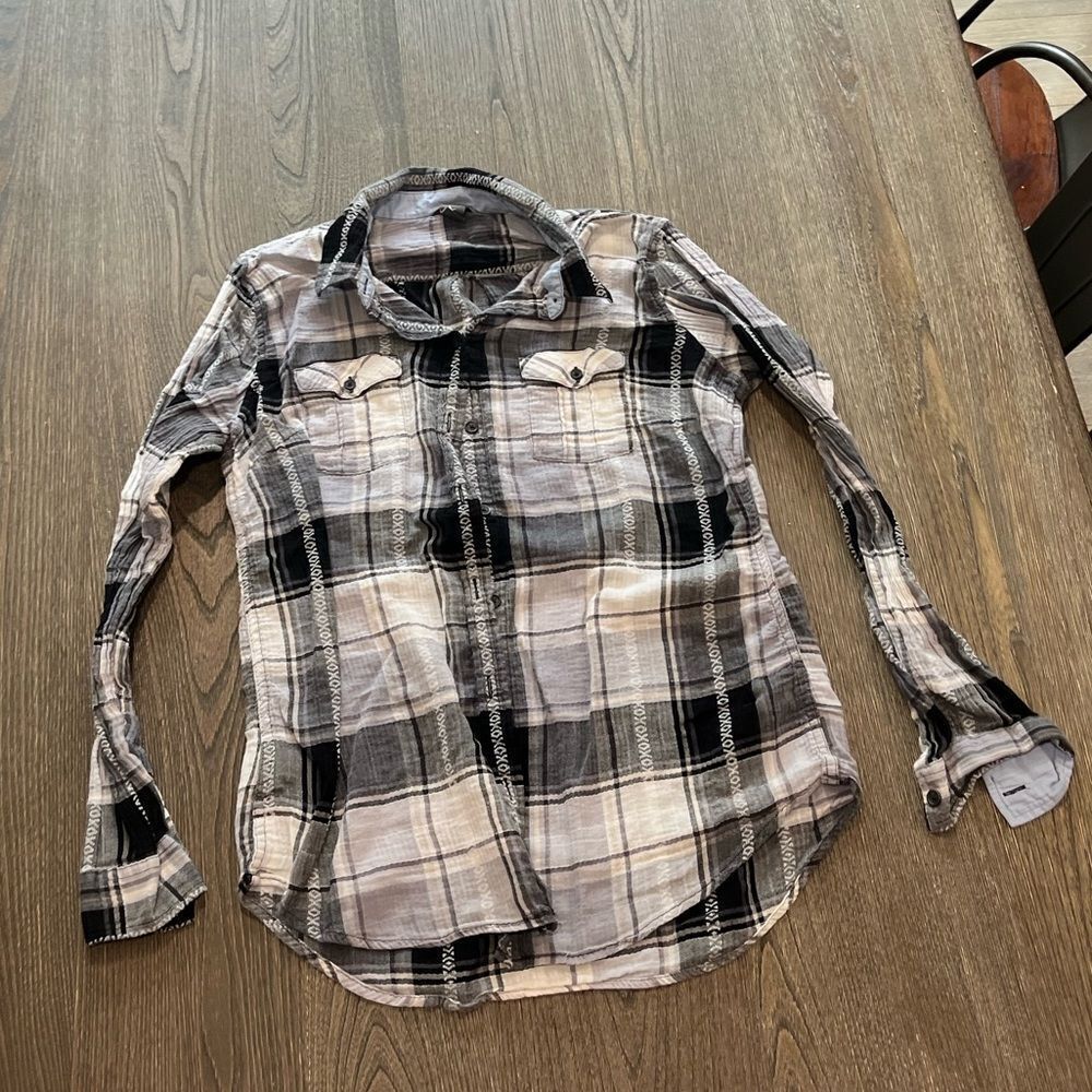 Eddie Bauer Blue Gray Plaid Button Up Collared Shirt Size M