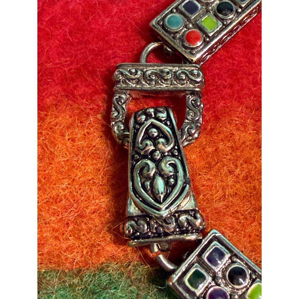 VTG Silver Tone Multicolor Enamel Geometric Link Bracelet Magnetic Clasp 6.75in - Picture 3 of 7