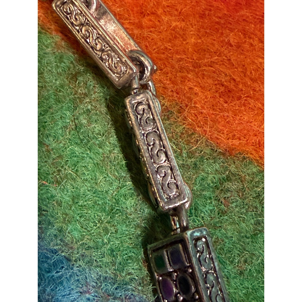 VTG Silver Tone Multicolor Enamel Geometric Link Bracelet Magnetic Clasp 6.75in - Picture 4 of 7