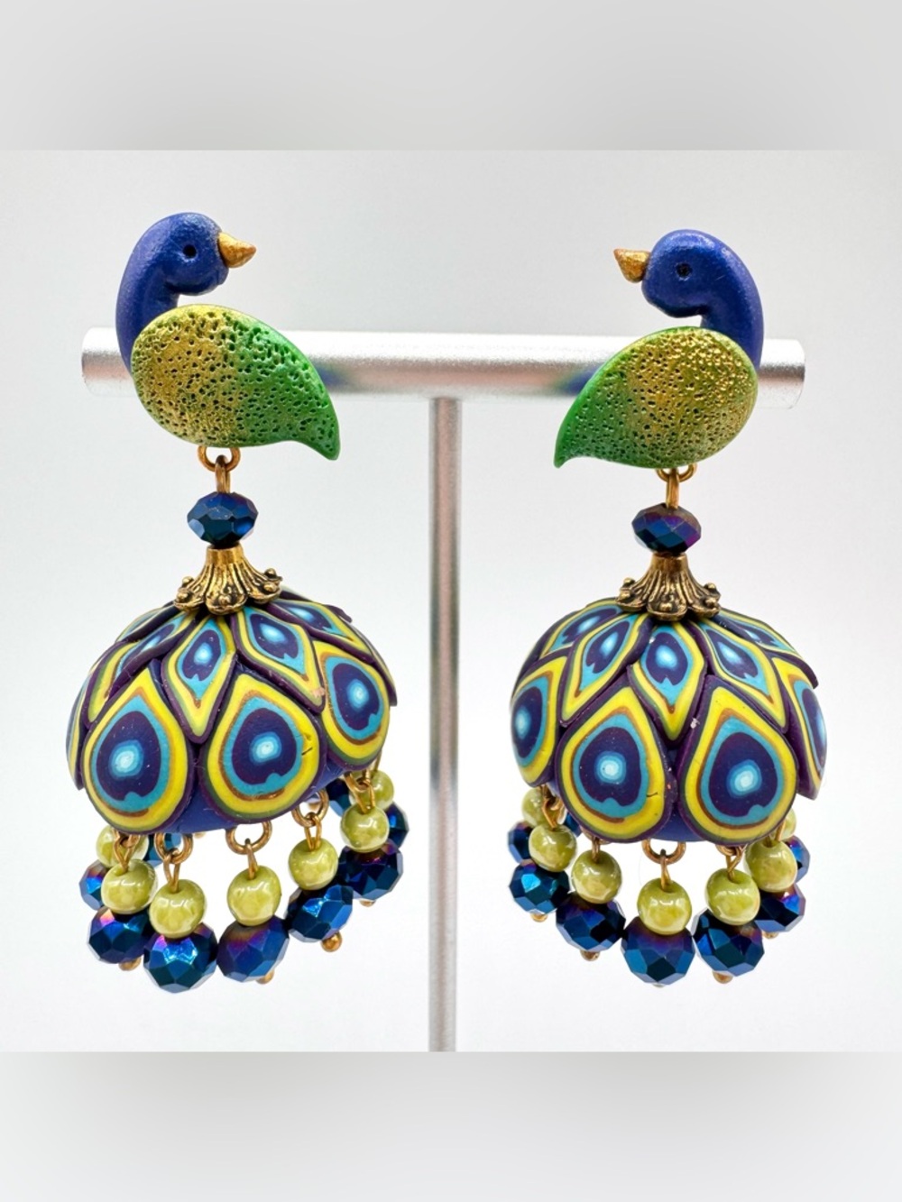 Clay Handmade Peacock Earrings Bollywood India Big Chunky Cute Fun Exotic Bird