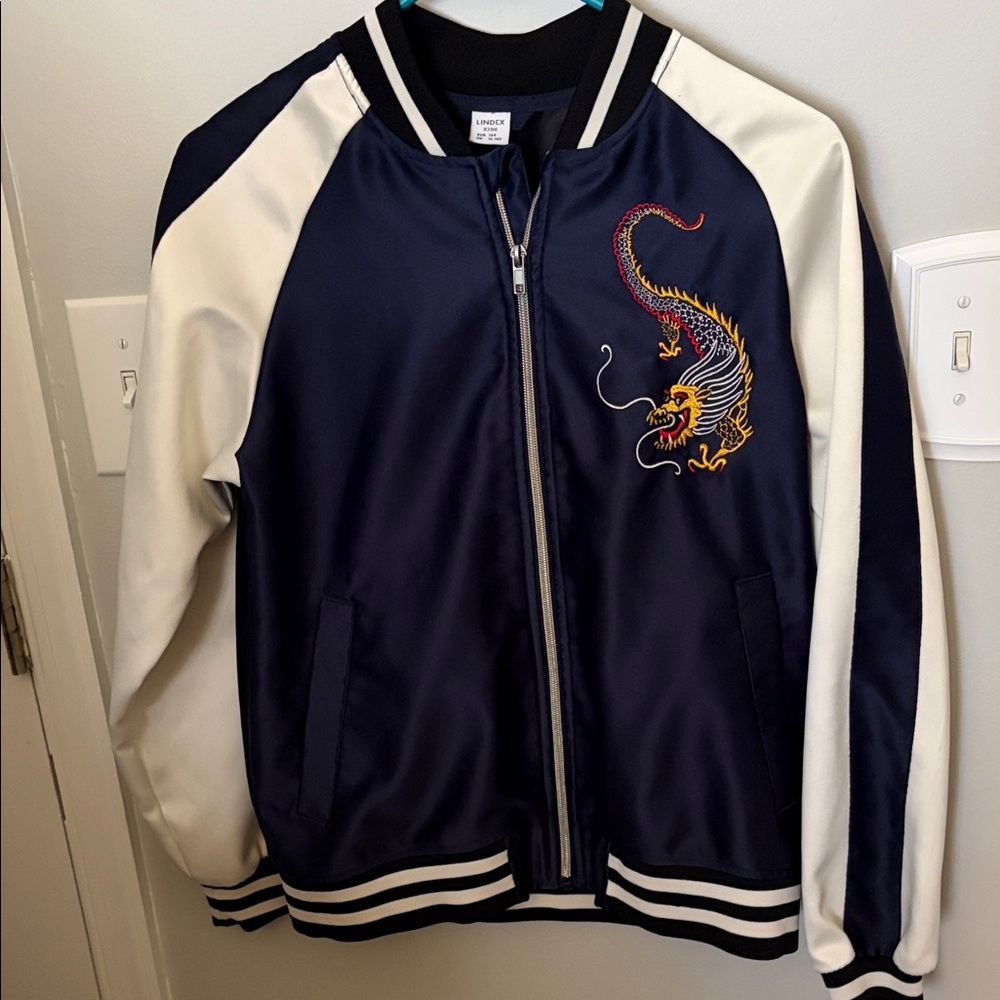 Navy & Cream Dragon Satin Bomber Jacket