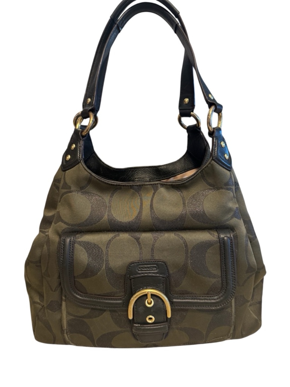 Coach Olive Signature Canvas Shoulder Bag with Black Trim,Gold Hardware Pristine