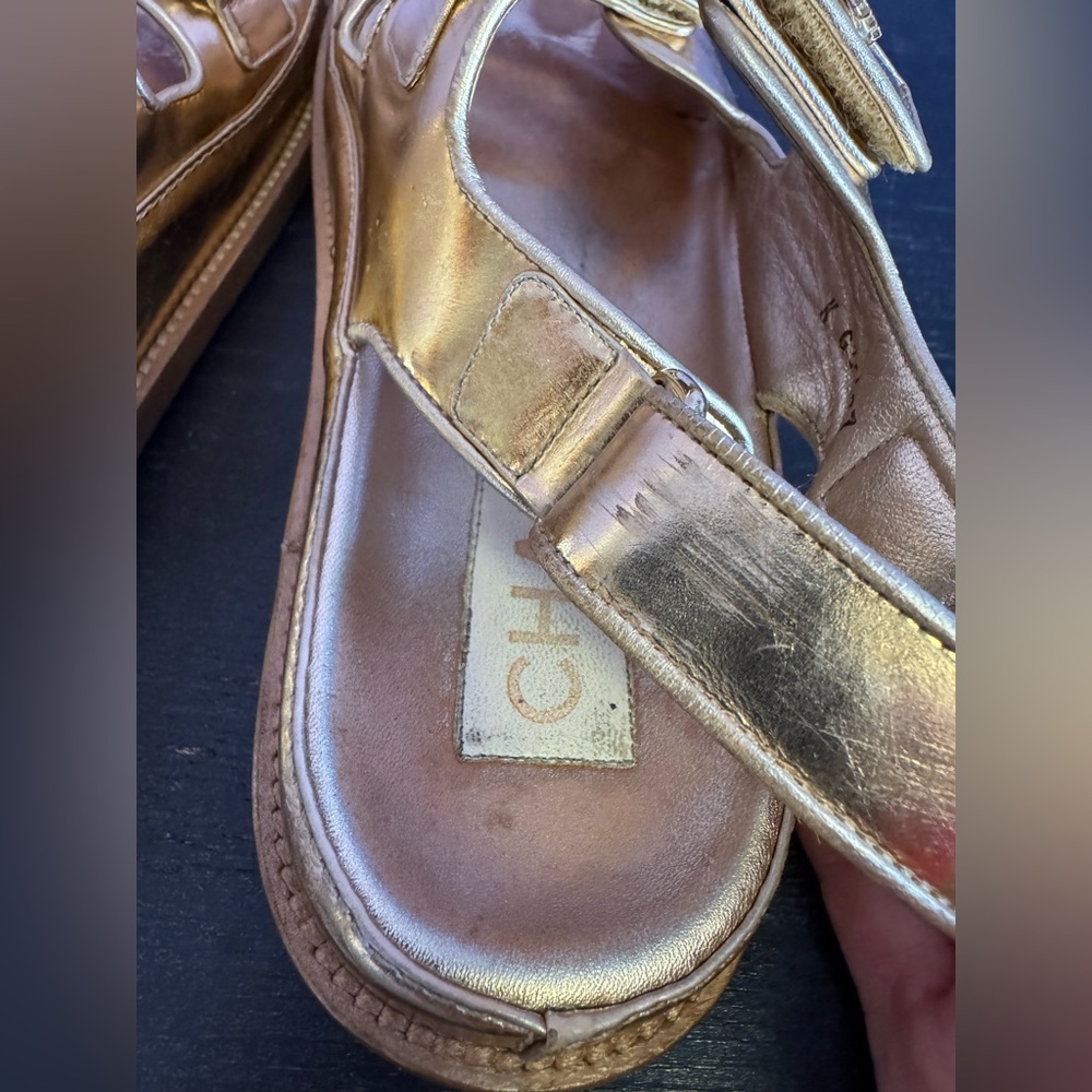 CHANEL DAD Kids Metallic Gold Triple-Strap Velcro Sandals - Picture 11 of 16