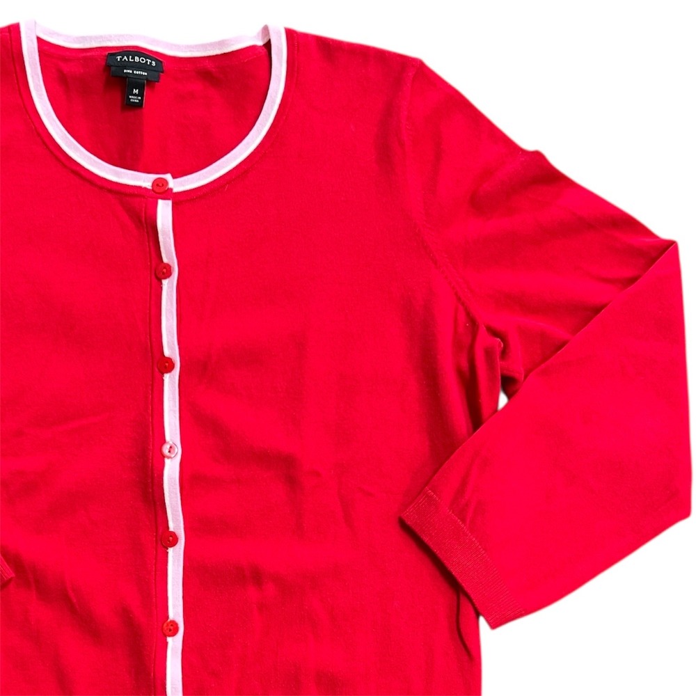 Talbots Red Pima Cotton Cardigan Sweater White Pink Trim Pockets Sz M Valentines