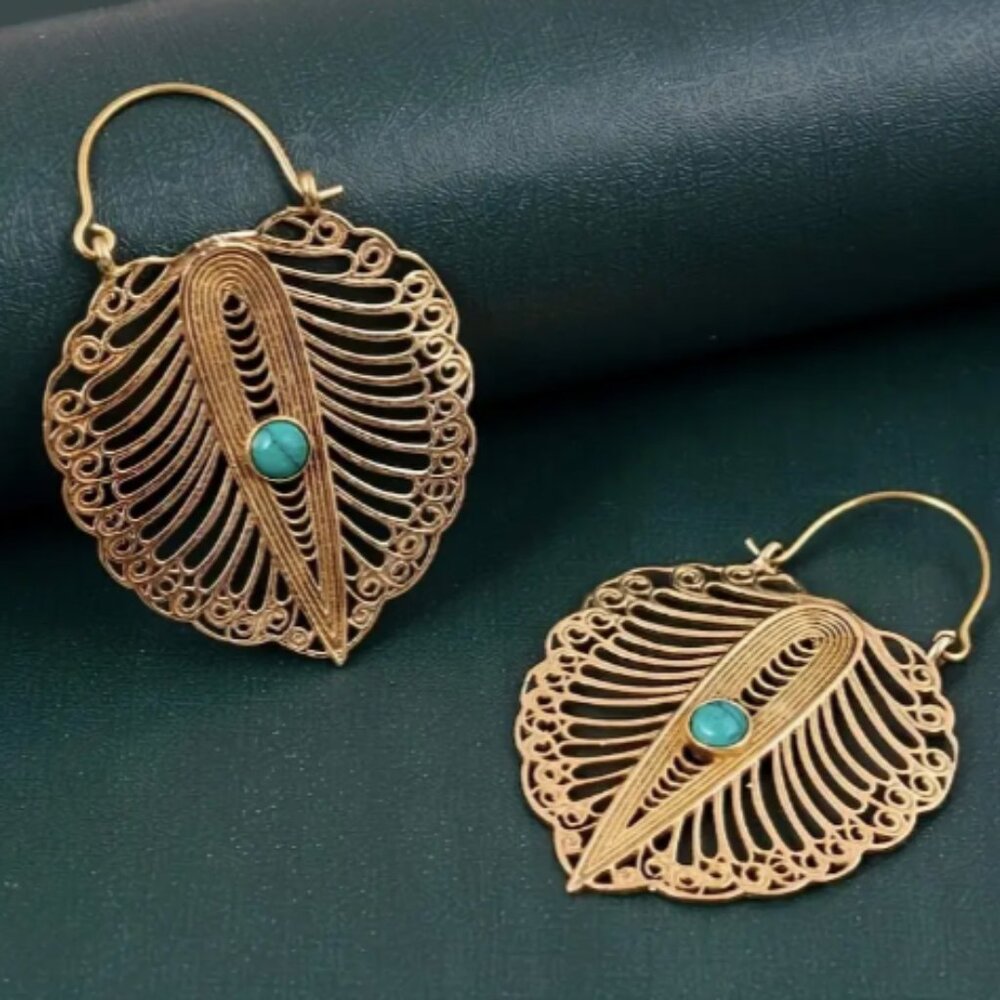 14k Gold Plated Leaf Turquoise Stone Earrings