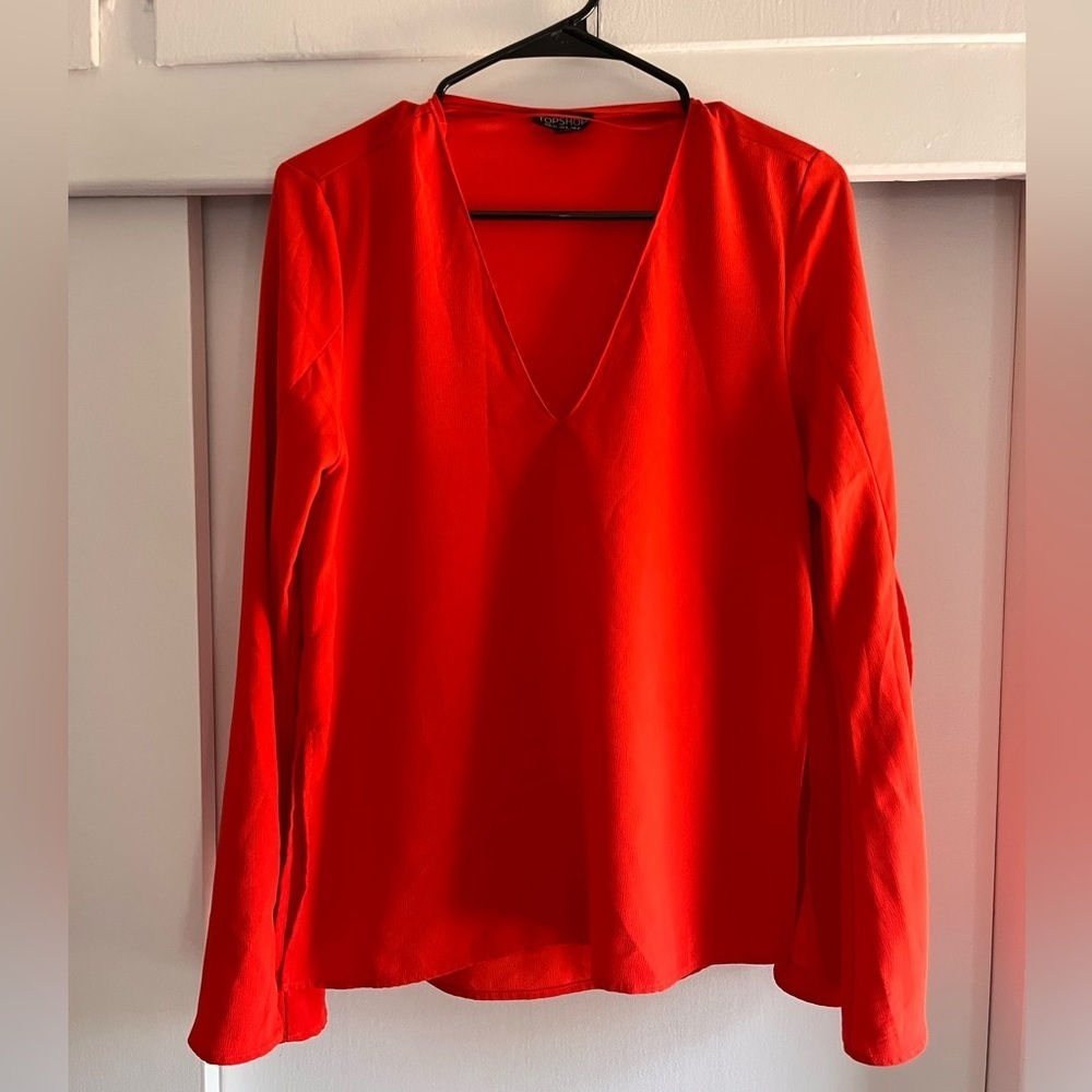 TOP SHOP V-Neck, Split-Sleeve Blouse, Red/Orange Color, Size US 4, UK 8