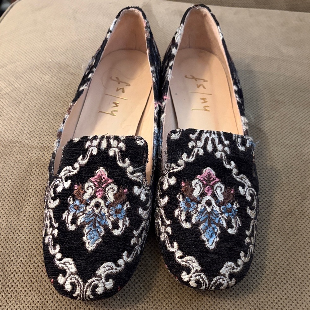 Embroidered Black Floral Loafers - Women's Slip-On Flats