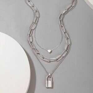 Sterling Silver 3-Layer Chain Necklace | Heart & Lock Pendant