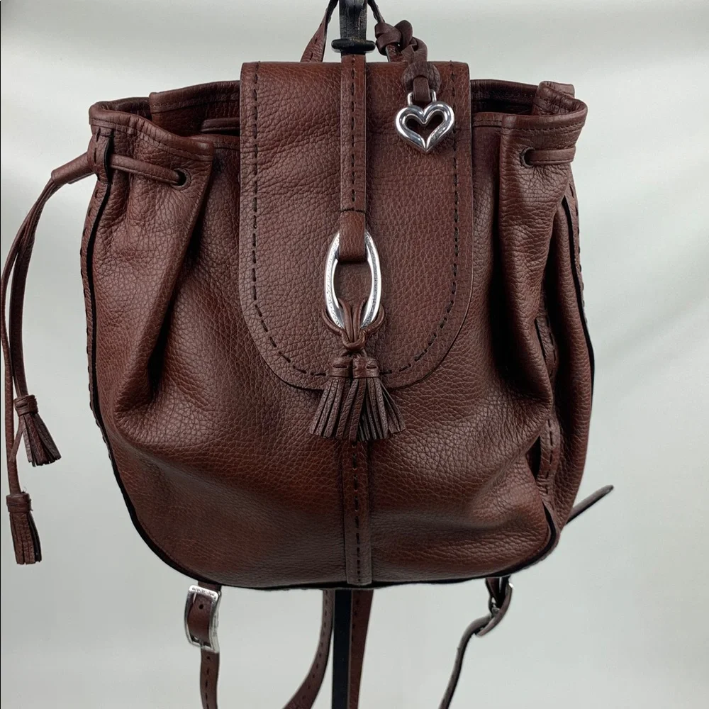 Brighton Brown Leather Backpack bucket Bag Silver Logo Detail & heart charm NEW - Picture 1 of 16