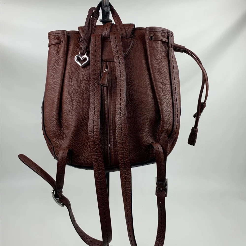Brighton Brown Leather Backpack bucket Bag Silver Logo Detail & heart charm NEW - Picture 2 of 16