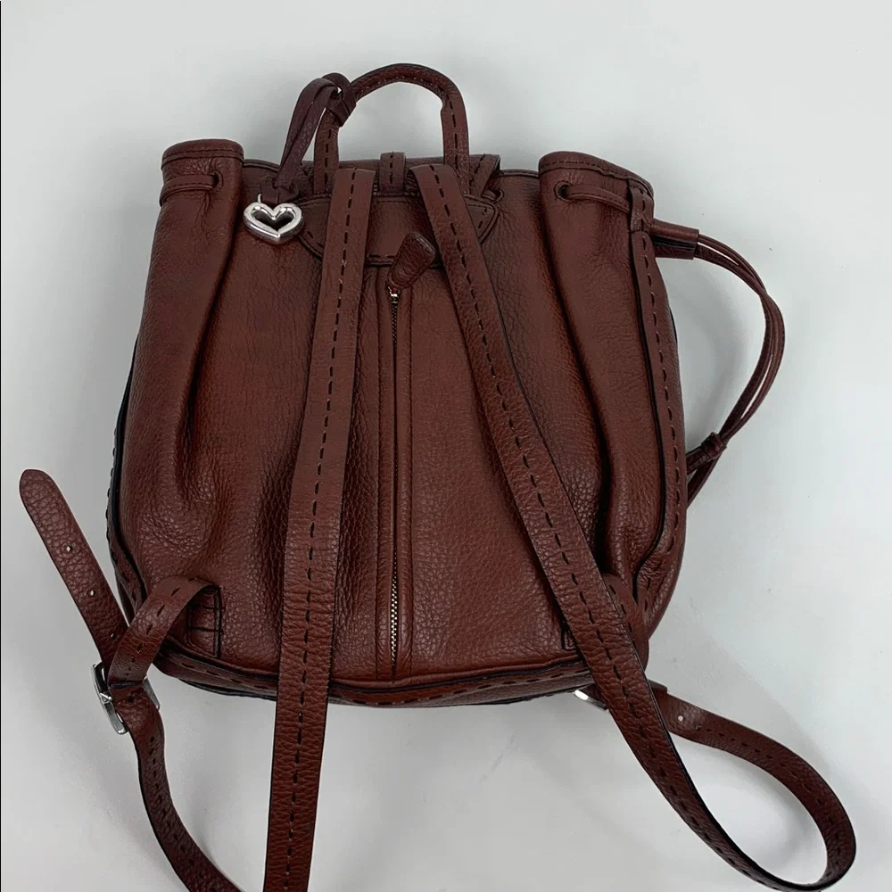 Brighton Brown Leather Backpack bucket Bag Silver Logo Detail & heart charm NEW - Picture 5 of 16