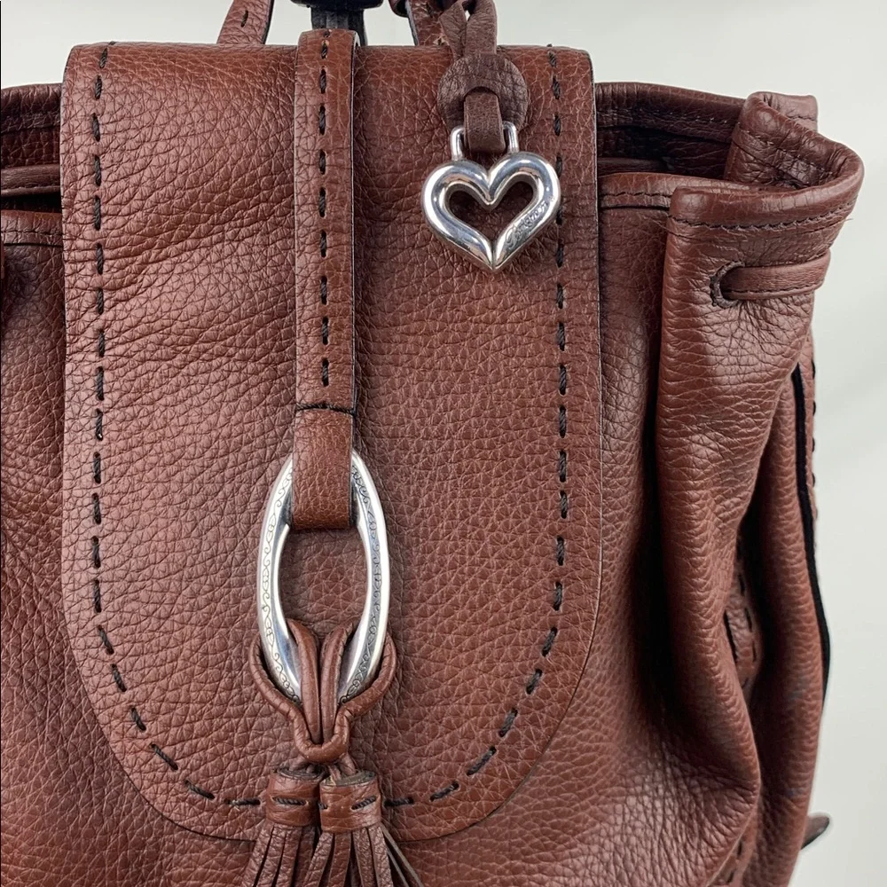 Brighton Brown Leather Backpack bucket Bag Silver Logo Detail & heart charm NEW - Picture 6 of 16