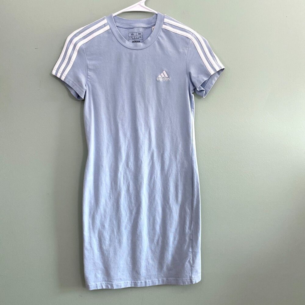 Adidas T Shirt Dress 3 Stripe Short Sleeve Womens XS Blue Athleisure Retro