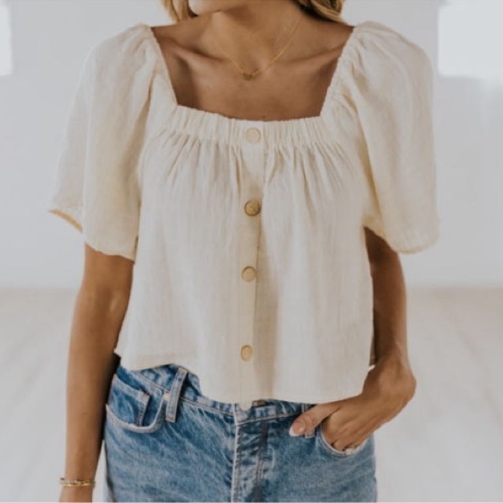 Rylee + Cru Leah Top in Ivory Square Neck Crop Linen Cream