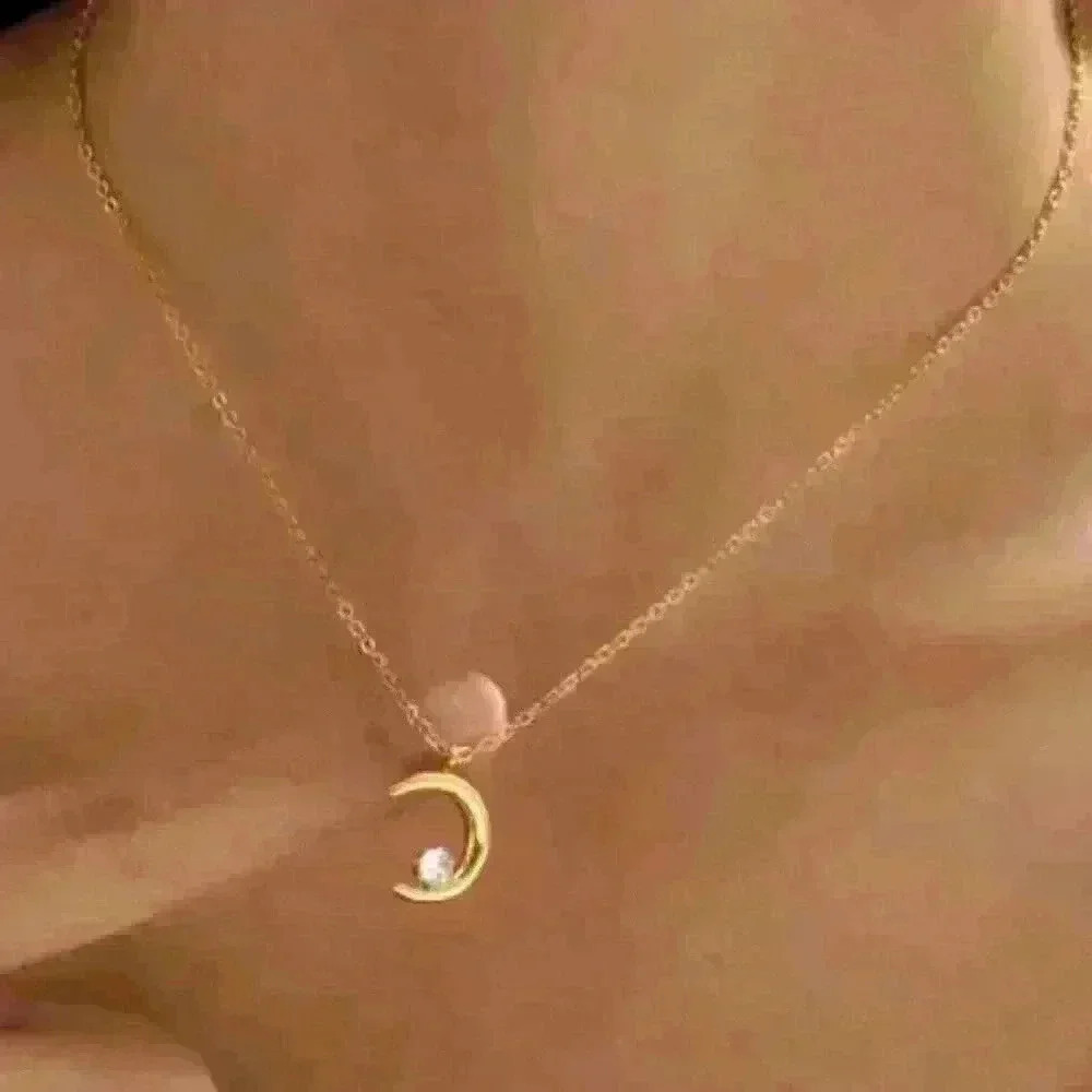 18K Gold-Filled Crescent Moon Necklace with Crystal - Picture 1 of 4