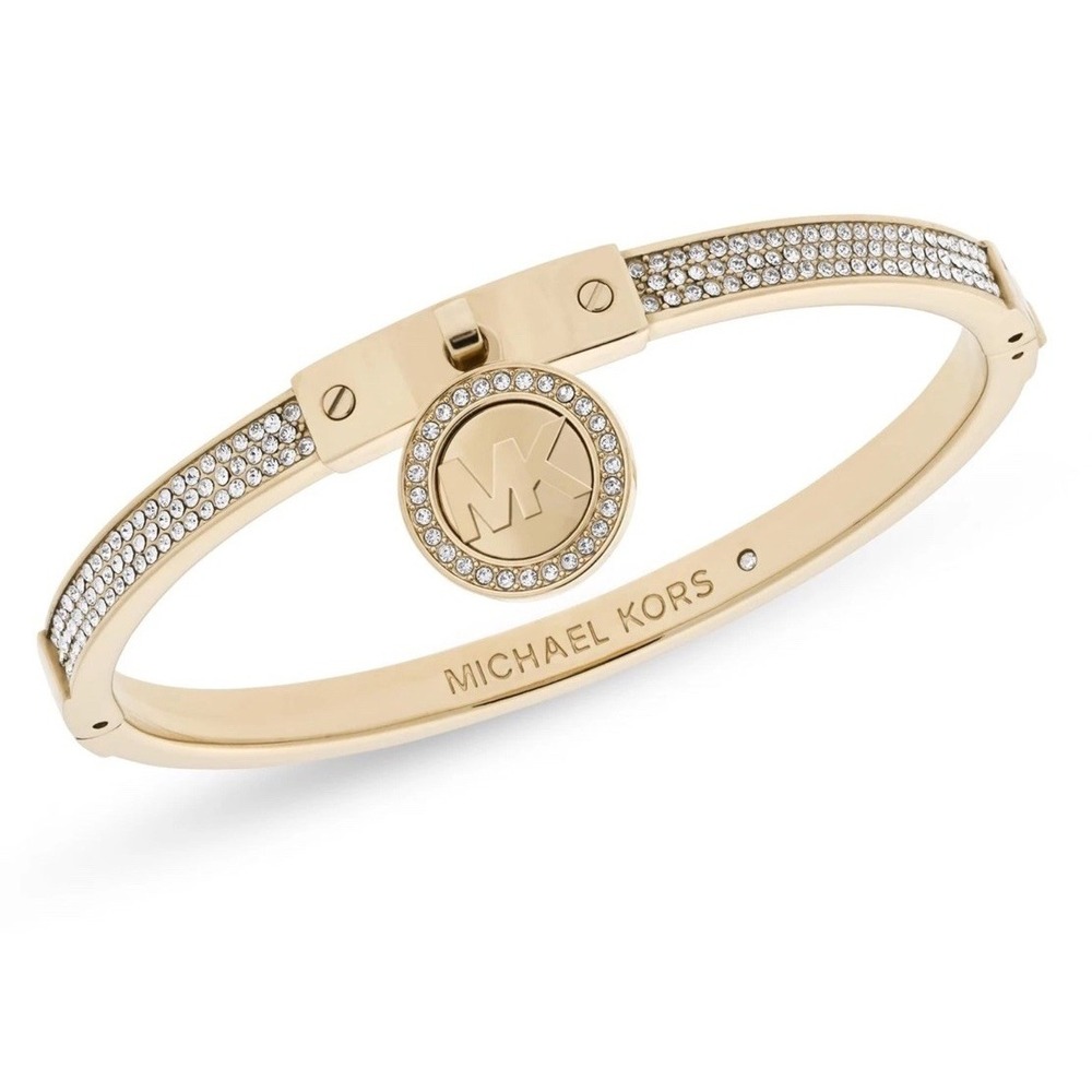 Michael Kors Stainless Steel and Pavé Crystal MK Logo Bangle Bracelet for Wo...