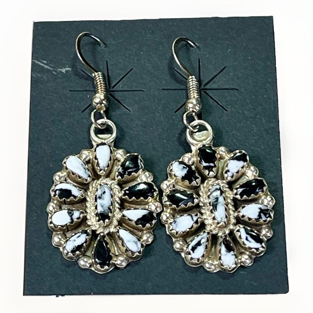 Navajo Cluster White Buffalo Turquoise Sterling Silver Dangle Earrings M James