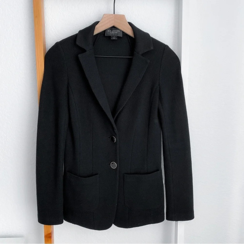 St. John Caviar Blazer Jacket Black Wool Rayon Two Button Slip Pockets 2 - Picture 12 of 12