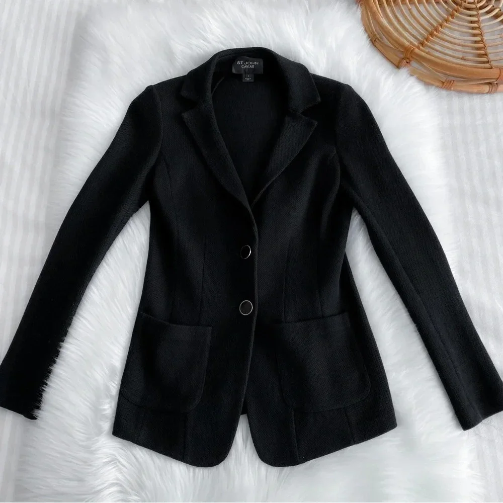 St. John Caviar Blazer Jacket Black Wool Rayon Two Button Slip Pockets 2 - Picture 4 of 12