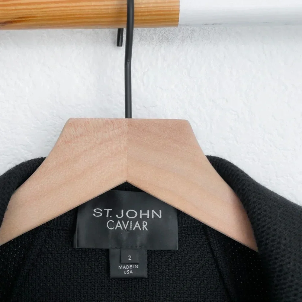 St. John Caviar Blazer Jacket Black Wool Rayon Two Button Slip Pockets 2 - Picture 3 of 12
