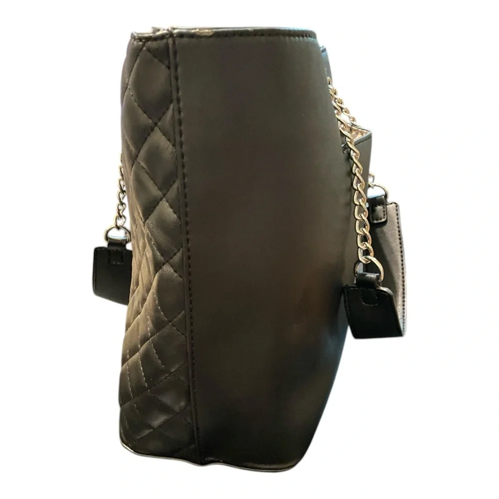 Guess Black Quilted Tote with Gold Chain Straps - Picture 4 of 5