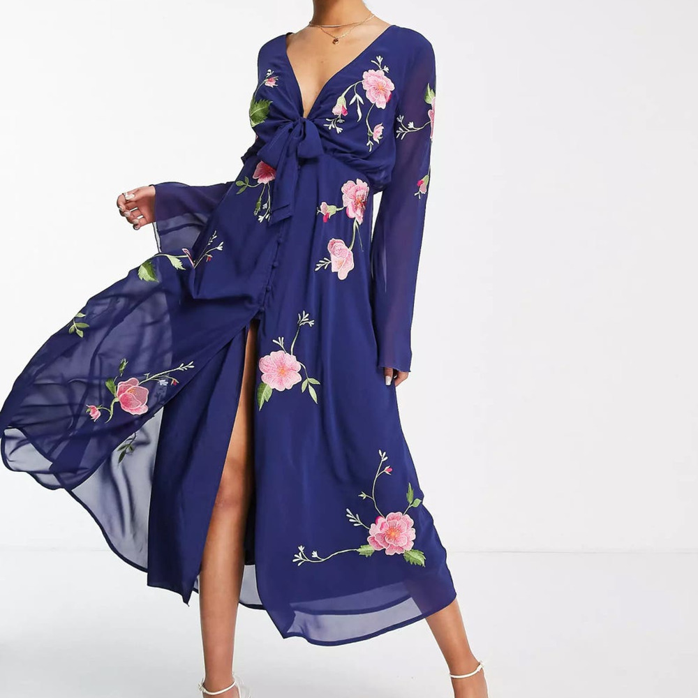 ASOS Midi Dress 4 Tie Front Button Up Embroidered Floral Plunge High Slit New