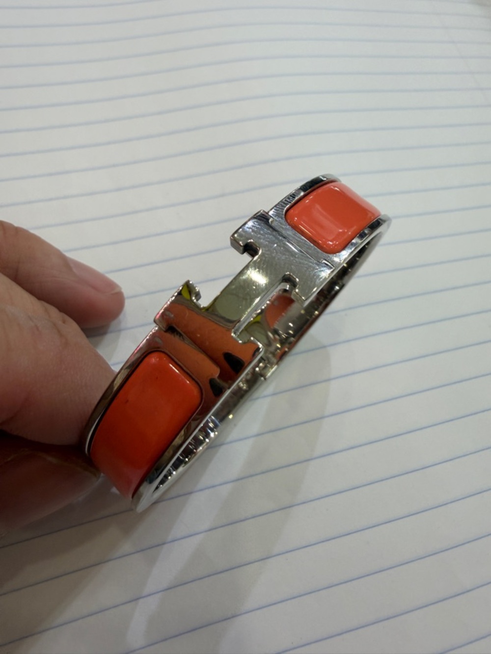 Hermes Silver H-Link Bracelet with Coral Orange Enamel