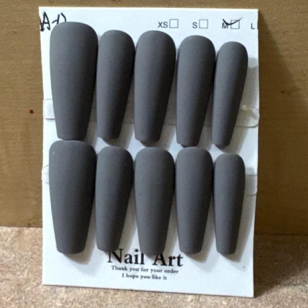 Matte Grey Press On Nails Long Coffin Shape Size Medium Nail Art Set - Picture 1 of 1