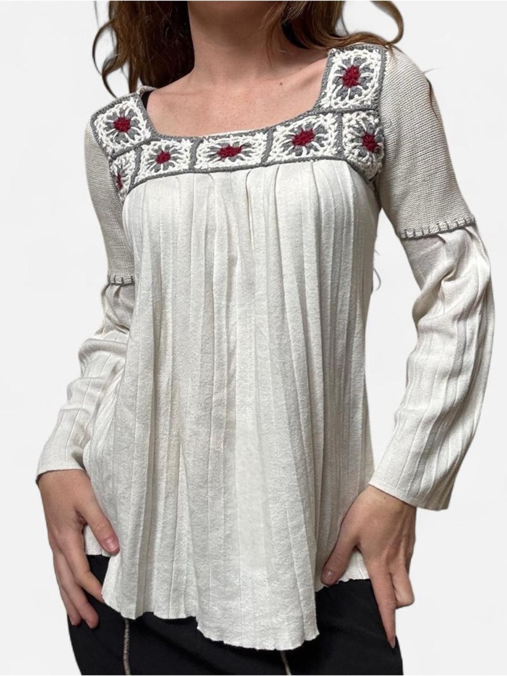 RXB Cream cotton embroidered sweater with bell sleeves