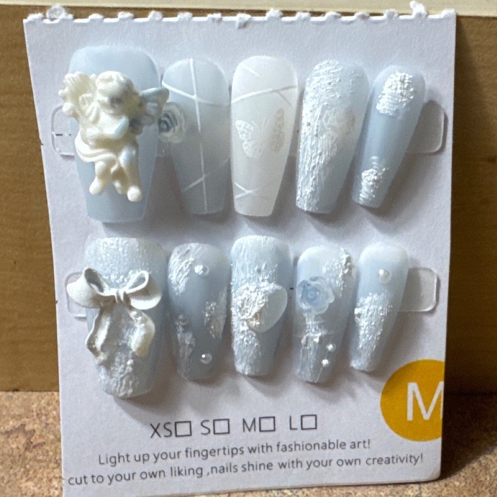 3D Angel Cherub Press On Nails Blue White Coffin Medium Size M Bow Butterfly Art