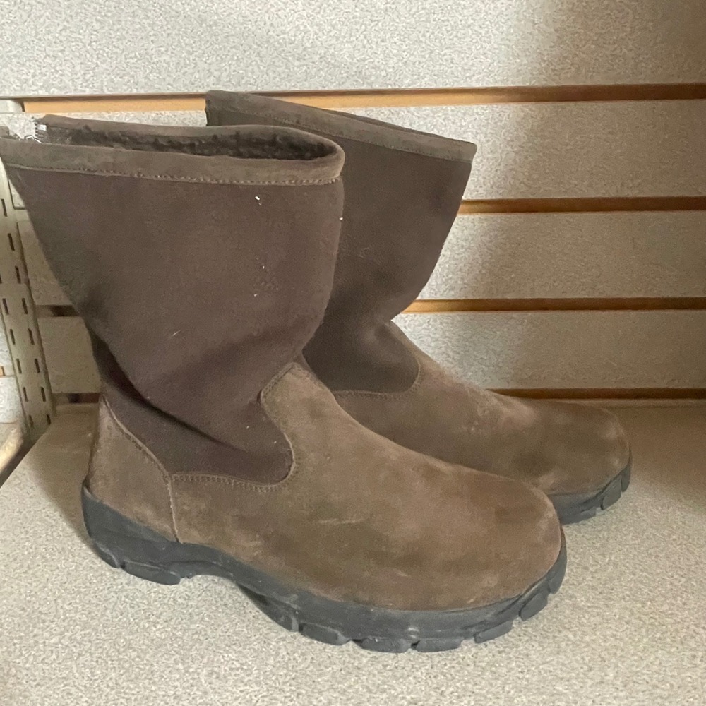 Lands End Womens Brown Suede Faux Fur Lined Winter Boots Rear Zip 9M 3160-6433