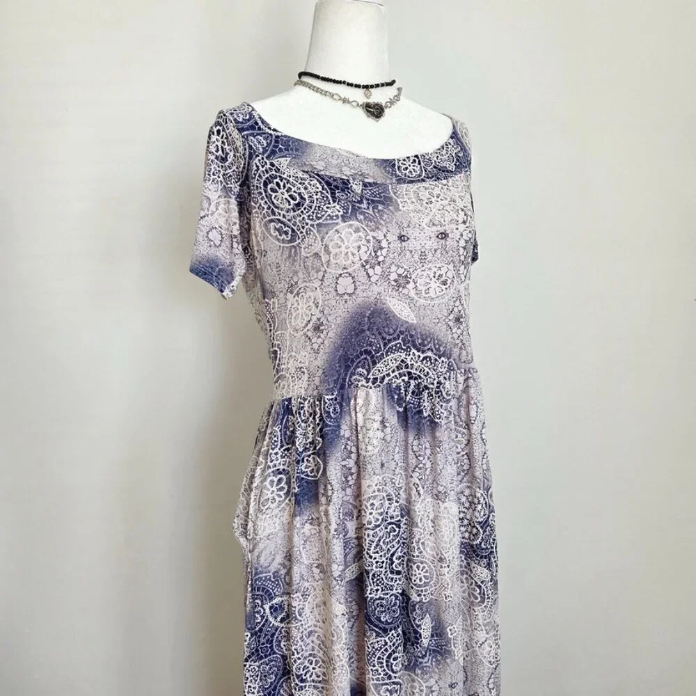 90s Whimsigoth Lace Maxi Dress Medium 3D Textured Purple Flowy Cottagecore Fairy - Picture 3 of 16