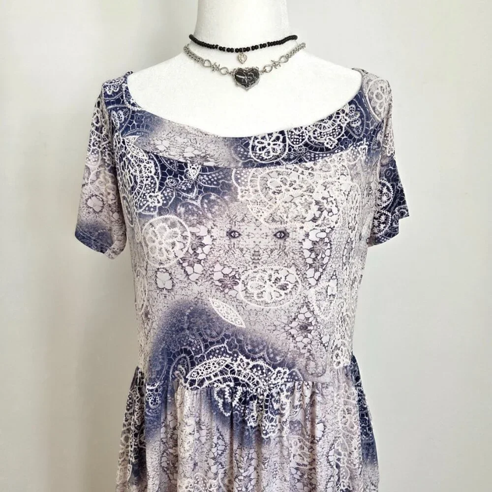 90s Whimsigoth Lace Maxi Dress Medium 3D Textured Purple Flowy Cottagecore Fairy - Picture 5 of 16