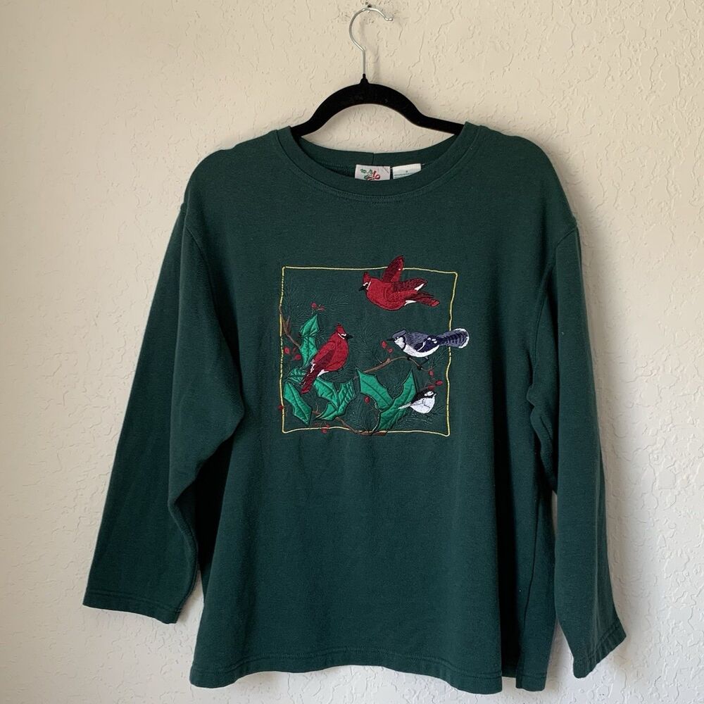 VTG Nature Birds Sweatshirt  XL* Forest Green Embroidered‎ Cardinals Christmas