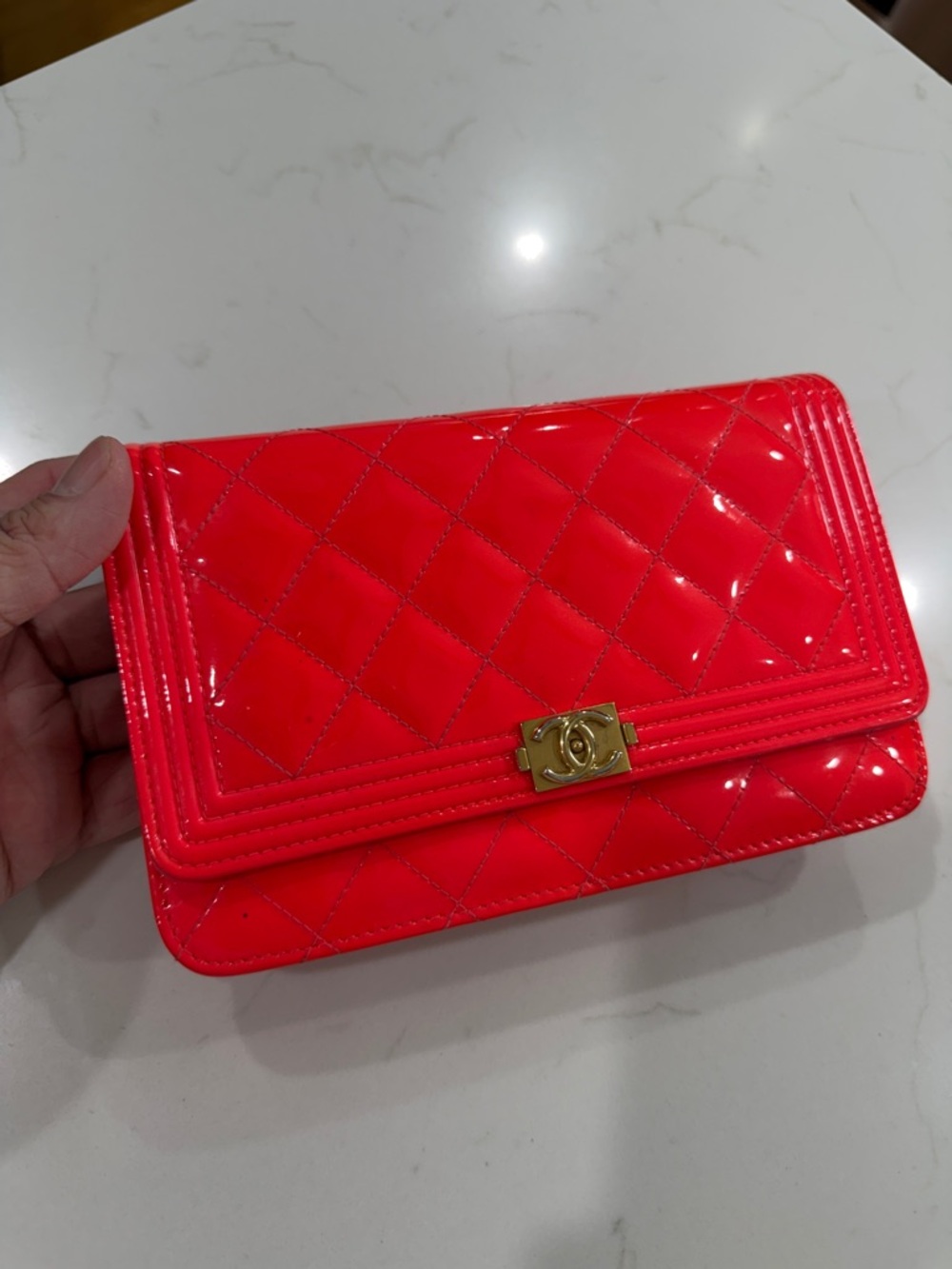 CHANEL Quilted Patent Clutch in Bright Red with Gold-Tone CC Lock
