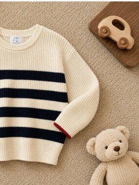 Zara Cream Crewneck Sweater with Navy Stripes and Red Cuff Trim
