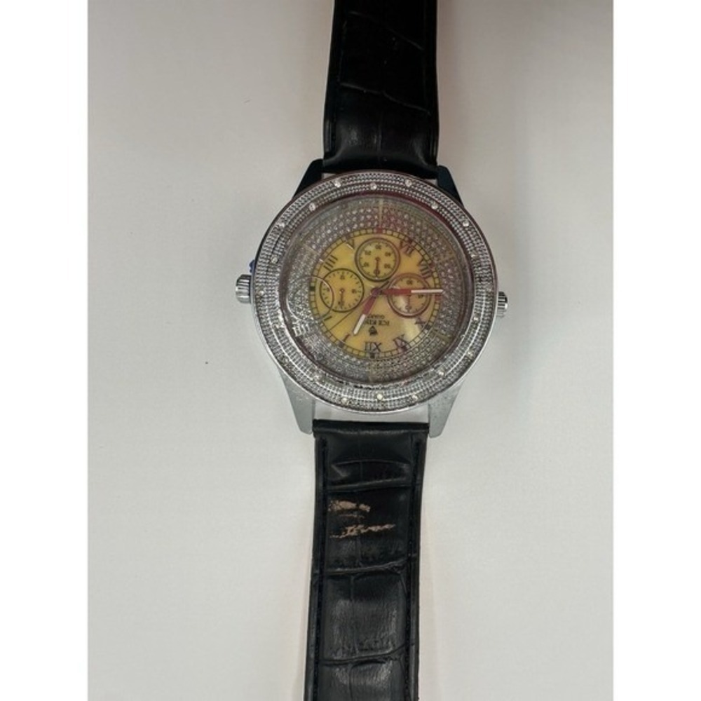 Ice King Mens Chronograph Watch Yellow Dial Silver Tone Bezel‎ Black Strap