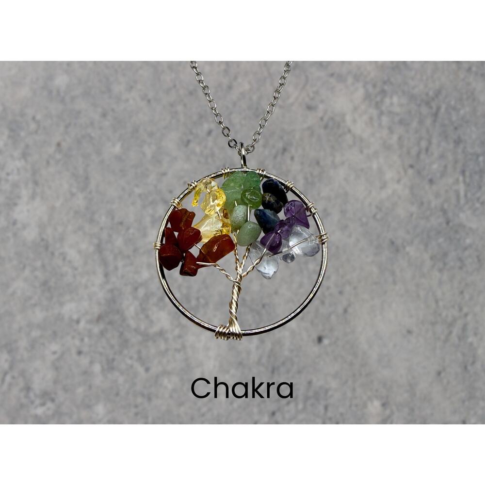 Chakra Tree of Life Silver Necklace Crystal Pendant Fairycore Boho