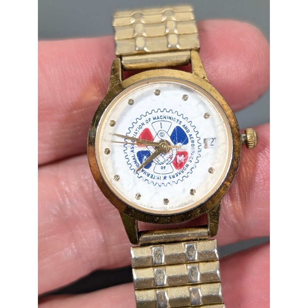 Vintage IAMAW Union Watch Women's Gold Tone USA Made Date Stretch Working - Picture 5 of 11
