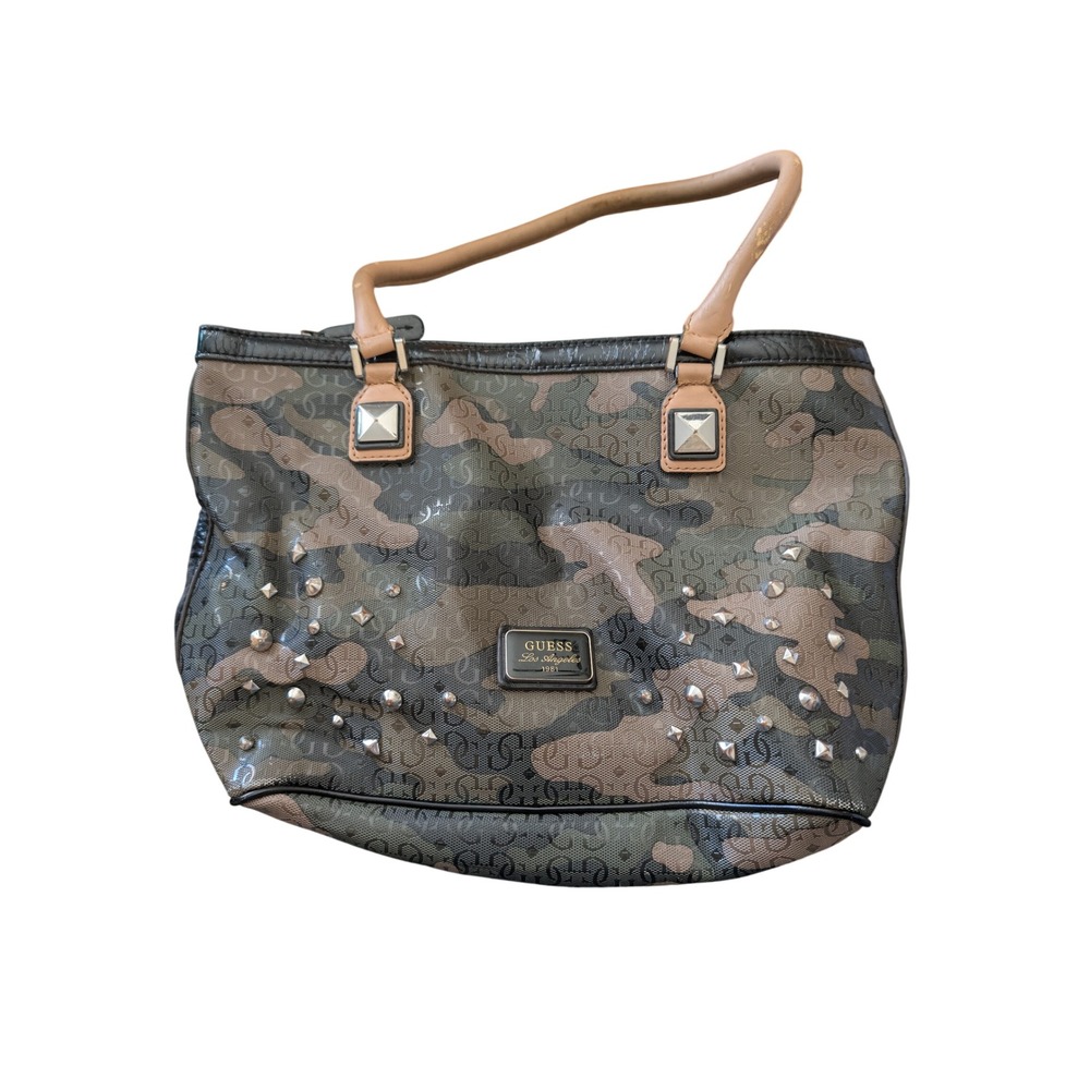 Guess EUC Camo Monogram Studded Tote Bag Green Brown Tan Handbag F4