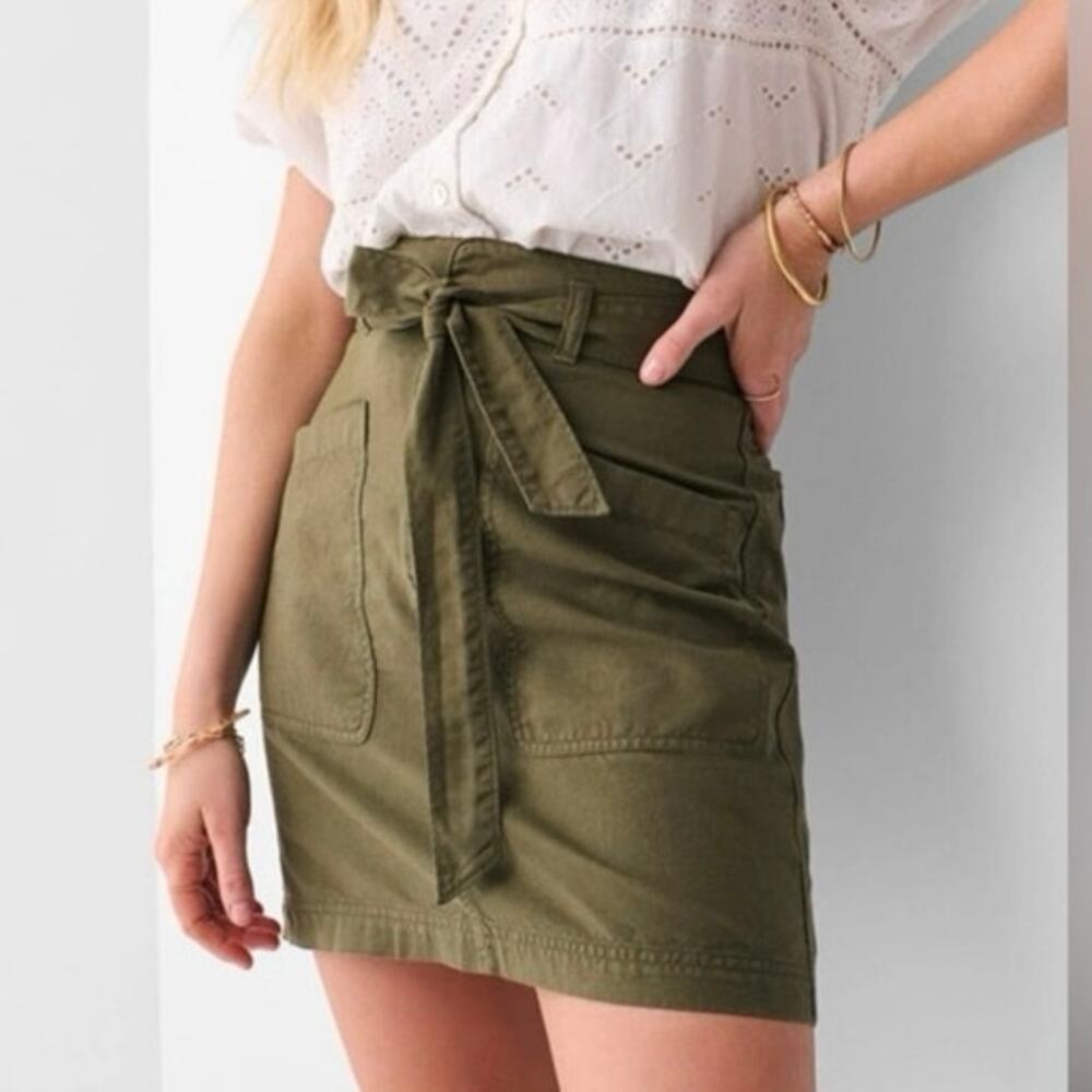 Faherty Women's Olive Utility Skirt Size 4 Belted Patch Pocket Cotton Linen